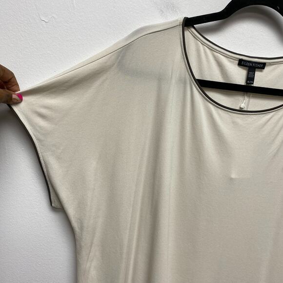 Eileen Fisher Beige Silk Piped Trim Short Sleeve Boat Neck Pullover Top XL $148 - Picture 3 of 10